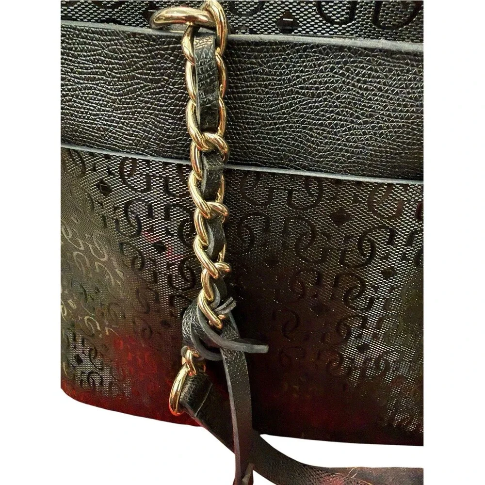 GUESS Black Tonal Logo Monogram Tote Gold Chain Shoulder Bag Charm Y2K